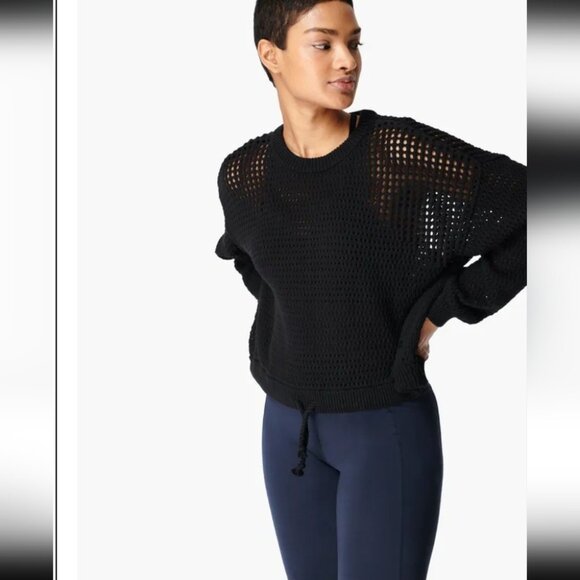 SWEATY BETTY |Tides High Open Weave Jumper sweater Crochet Black Sz 8 - Picture 3 of 9